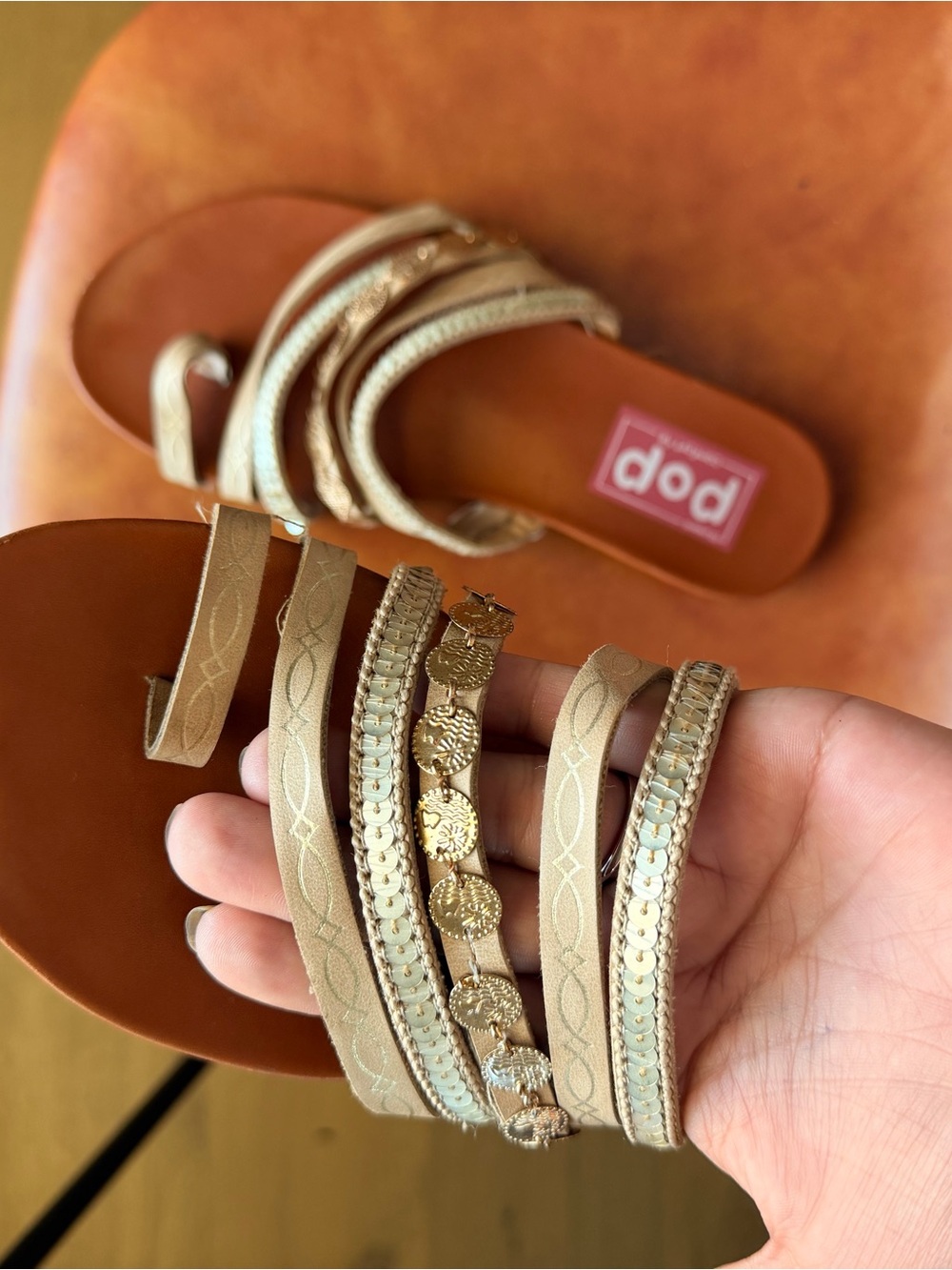 POP Womens Beige Gold Embellished Strappy Sandals